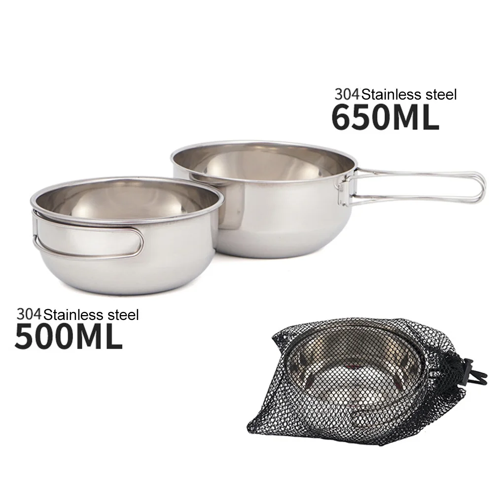 

3Pcs Outdoor Tableware Camping Bowl Stainless Steel Folding Handle Bowls Mesh Bag Travel Cooking Tool Camping Tableware Bowl