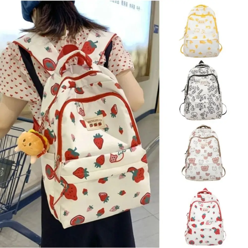 

Fashion Large Capacity Student Backpack Cheese Pattern Nylon Shoulder Bags Strawberry Bear School Bag Adults