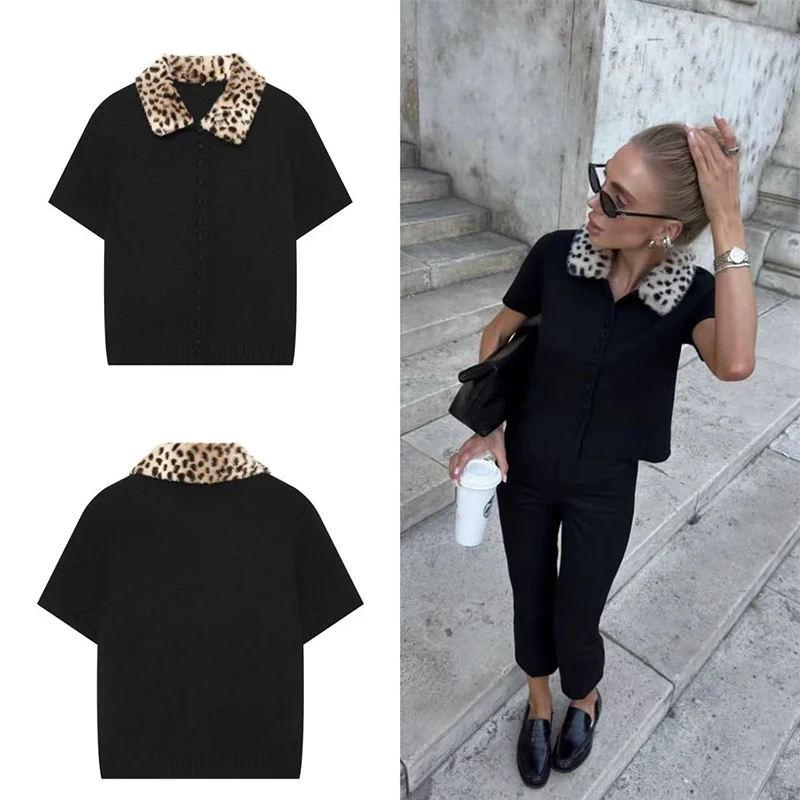 Guobioziy 2026 New Fall Contrast Collar Knitted Cardigan Women Short Sleeve Leopard Detail Button Up Top Vintage Y2K Style