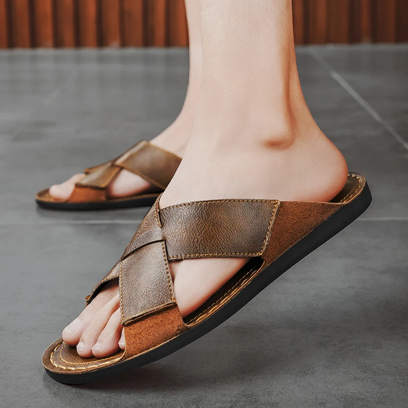 Big Size Men Leather Slippers Homes In Indoor Slippers Summer Open Toe Sandals Comfy Antiskid Soft Bottom Casual Walking Shoes