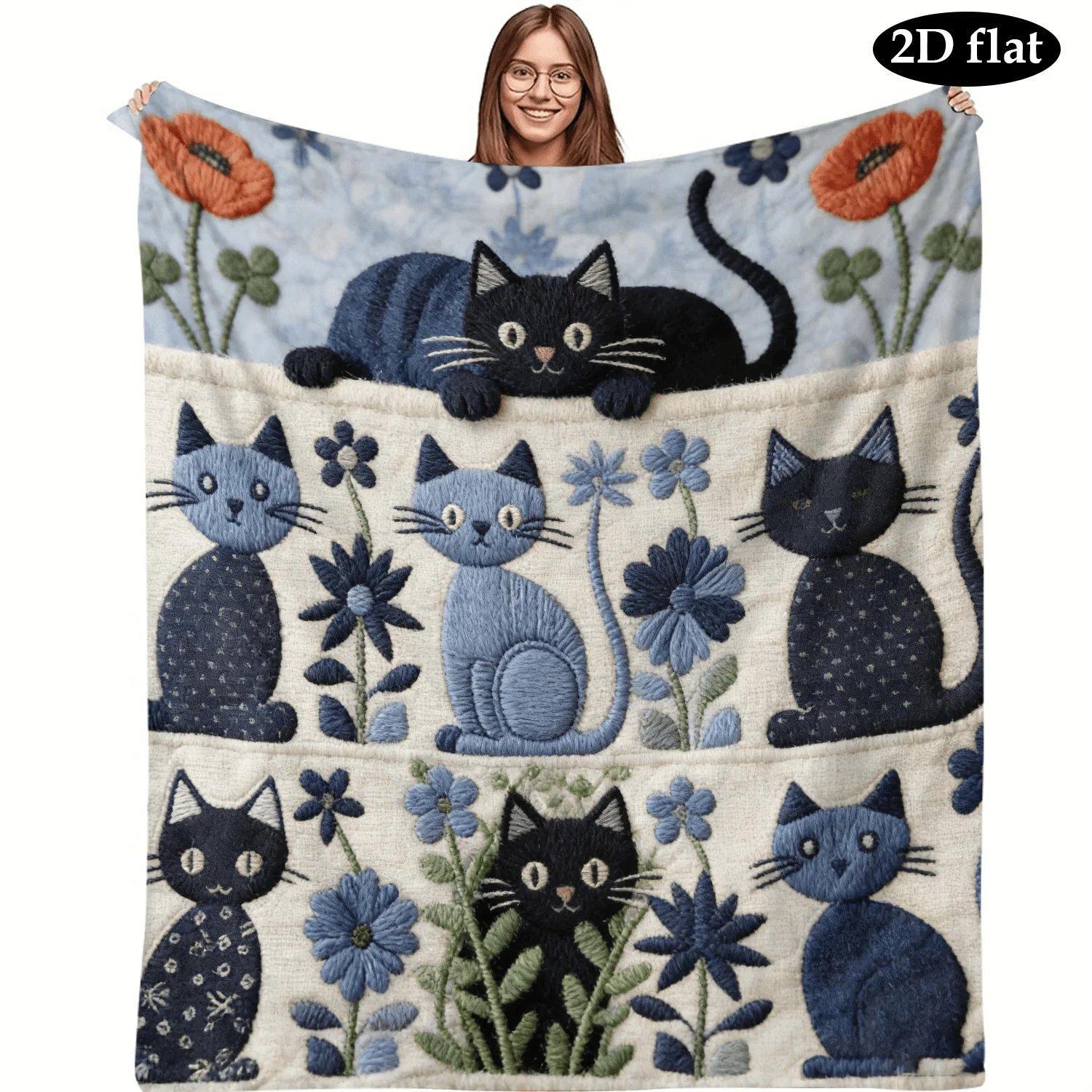 Funny Cat Slogan Patchwork Blanket  Purple Blue Cartoon Cat Phrase Flannel Throw Blanket Unique Gift for Cat Mom Cat Dad