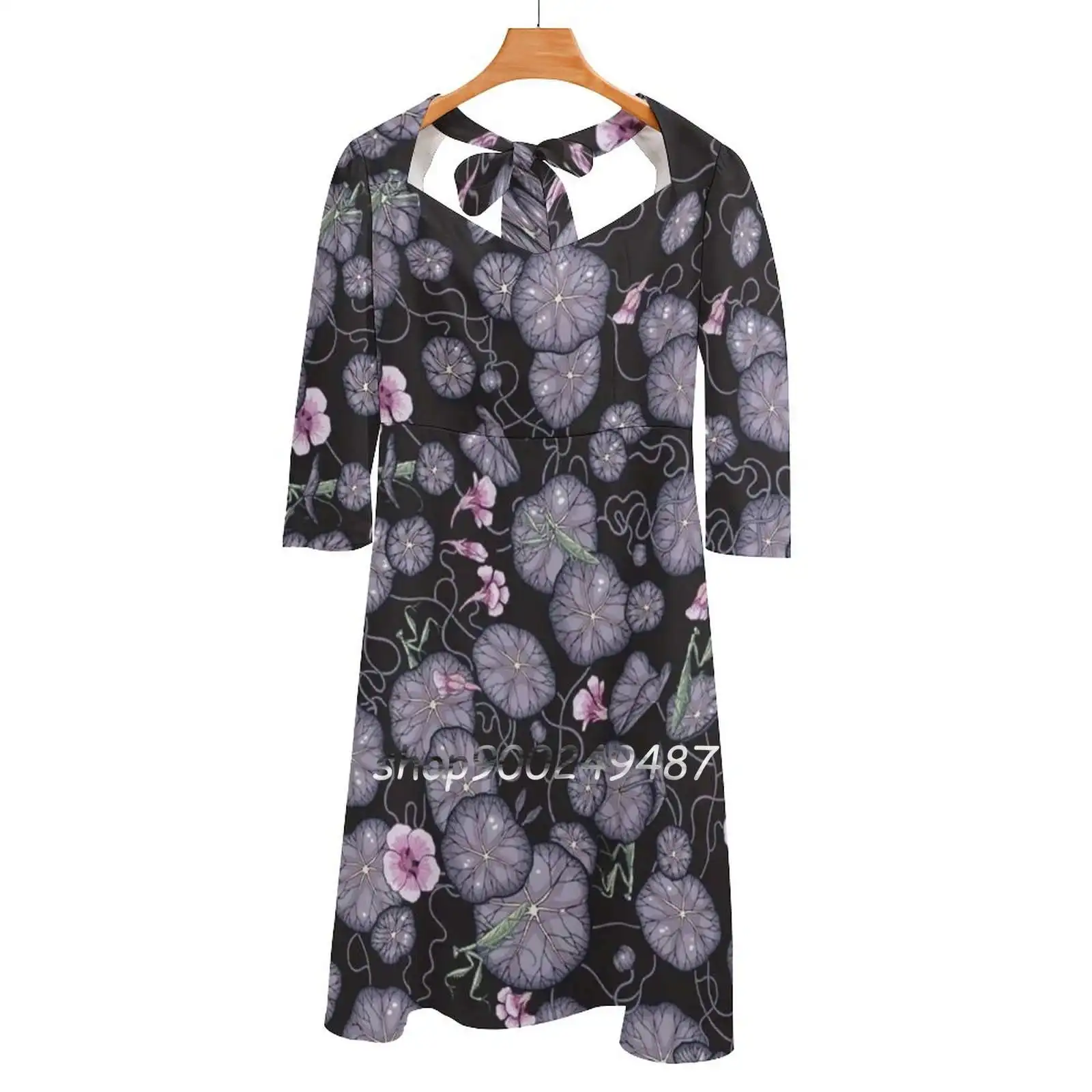 Black Indian Cress Garden. Square Neck Dress New Plus Size Elegant Women Waist Tight Dress Indian Cress Tropaeolum Majus Garden