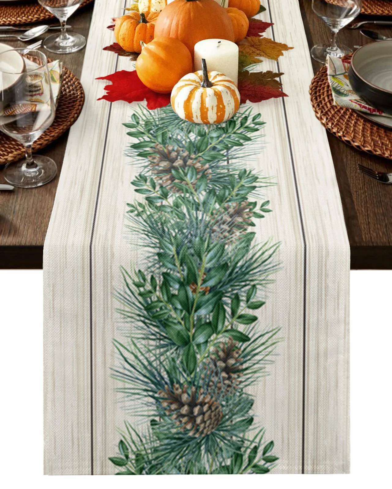 

Wood Grain Vintage Farmhouse Pine Cones Linen Table Runners Kitchen Table Decoration Dining Table Runner Wedding Party Supplies