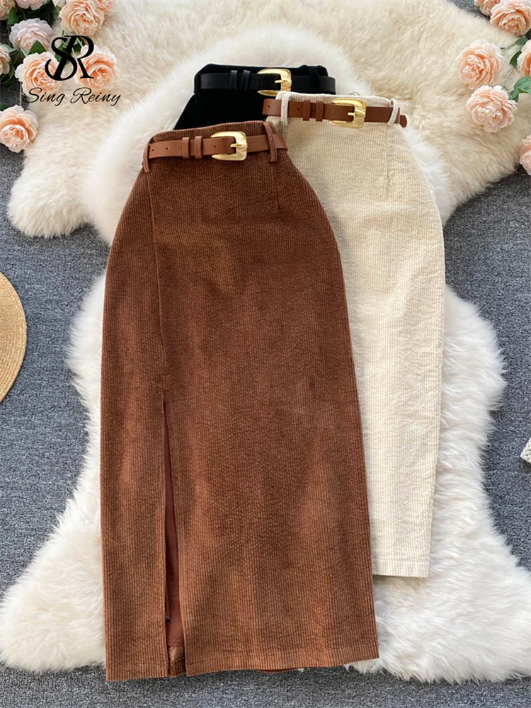 SINGREINY Women Korean Split Sexy Long Skirt 2024 Winter Corduroy Slim Thick Streetwear Fashion Vintage Autumn Bodycon Skirt