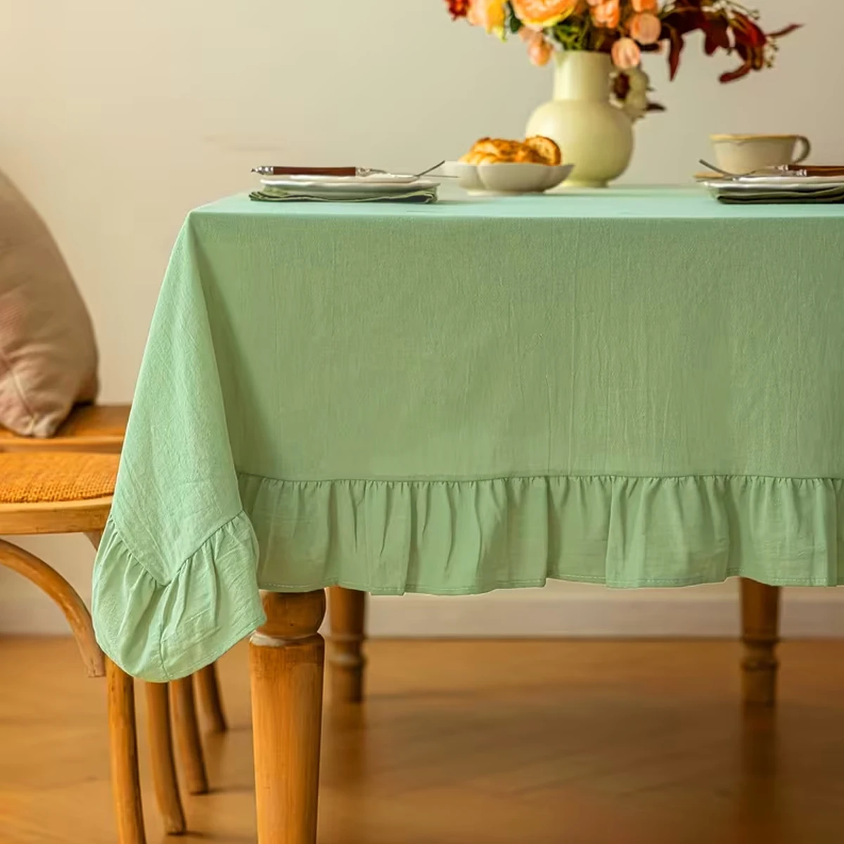 French solid color Washed Wrinkled home Wedding Party holiday Kitchen table cloth soft folding ruffle edge Tablecloth