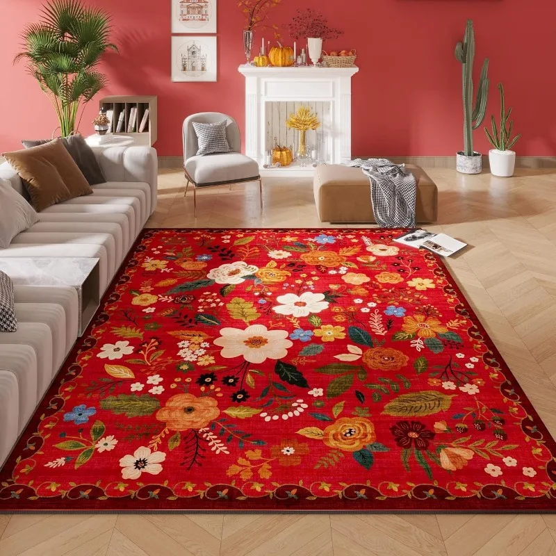 Living Room Carpet Elegant Vintage Floral Rug Large Area Home Decoration French Retro Floor Mat Soft Machine Washable Area Rugs