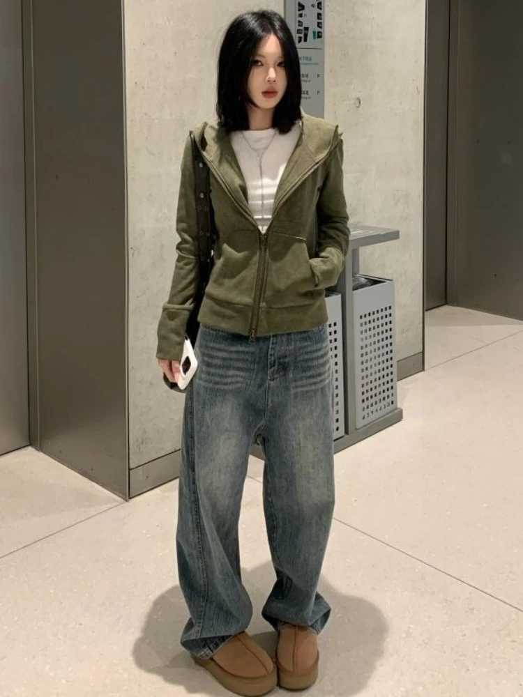 Streetwear vintage verde harajuku hoodies feminino estilo preppy casual solto ​ Moletom com capuz Y2k estético Grunge com zíper