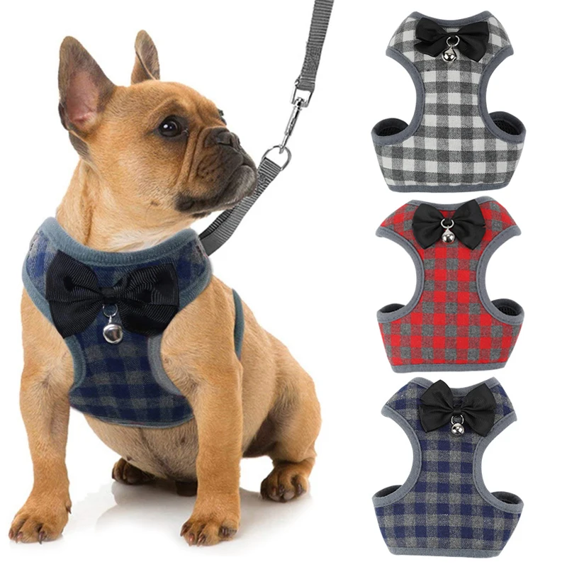 Plaid Dog Harness and Leash Set for Small Medium Dogs Cats Puppy French Bulldog Pet Bowtie Tuxedo Vest Harness