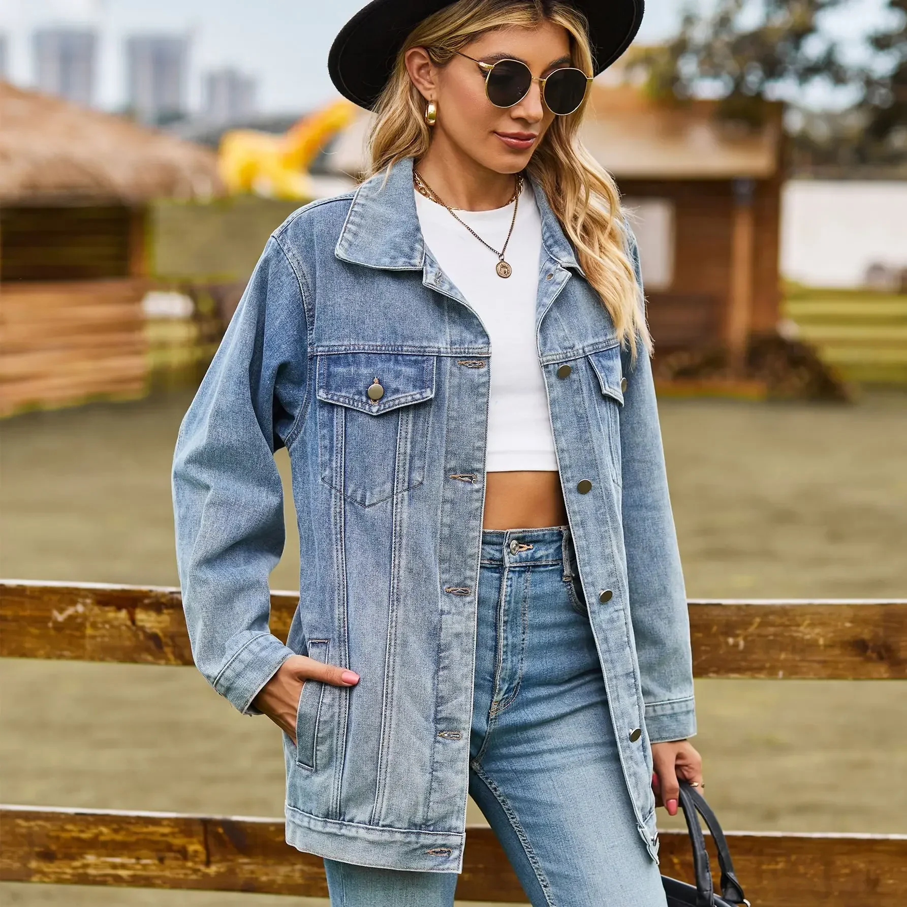 Women Denim Coat Turn Down Collar Jackets Single Breasted Outerwear Cardigan Solid Washing Basics Pockets Button Loose