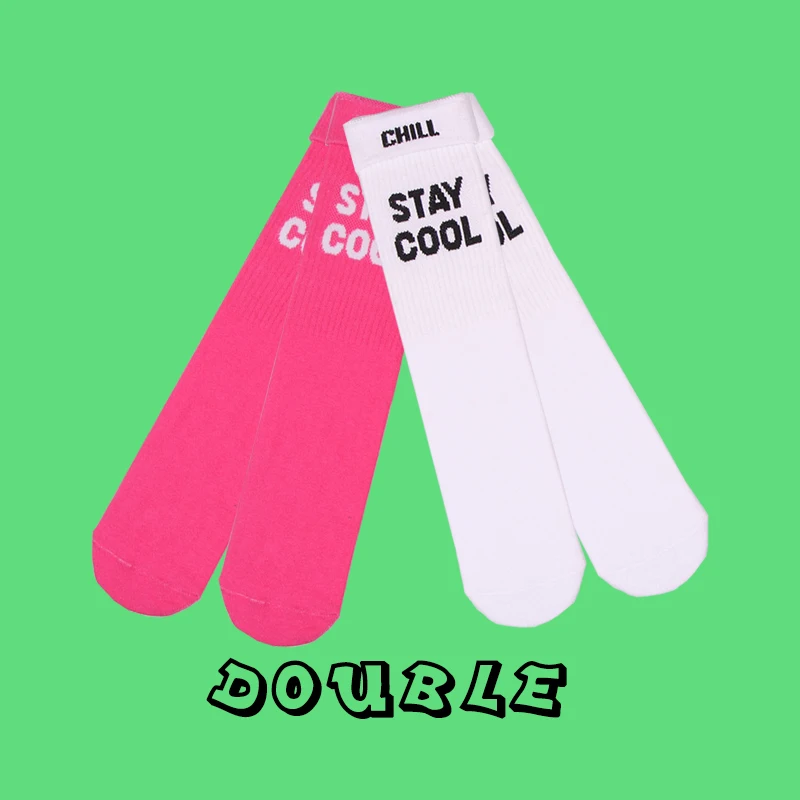 Double Pairs STAY COOL Fashion Turnup Creative Men Letters Hiphop two Socks Pink Women Street Skate Long Sock