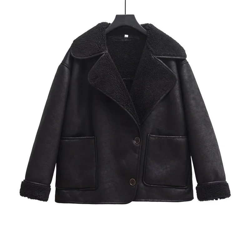 

2025 г. Европейская и женская мода, хит продаж, зимняя новая американская ретро-разъем из овчины с длинными рукавами и отложным воротником