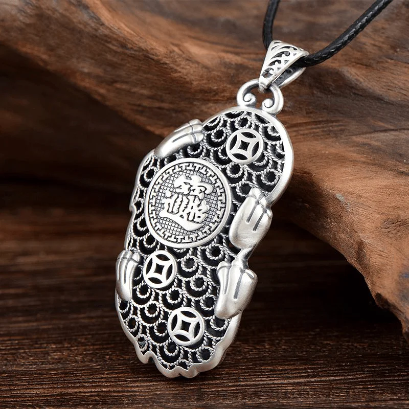 Retro S925 Sterling Silver Wealth Attracting Xiu Xiu Pendant Hollow out Lucky Charm Unisex Necklace Fashionable Accessory