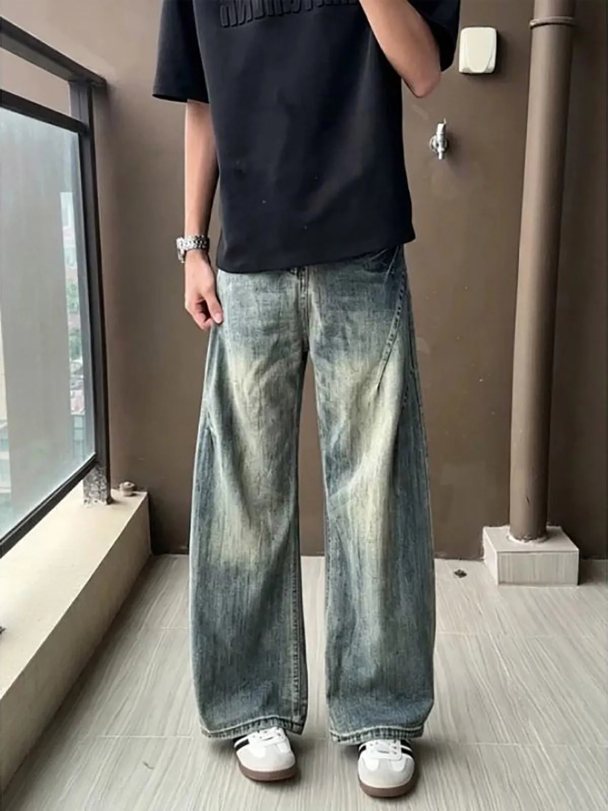 Washed Denim Wide Leg Jeans Men's Style Autumn Season American Vibe Patchwork Pants Draping Feel Knife  Design Casual Wear