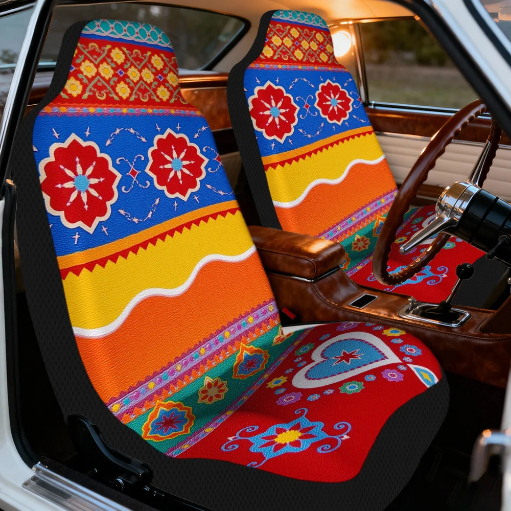 2pcs Stylish Bohemian Red Blue Vintage Stripes Design Car Seat Covers | Foldable And Comfortable, Perfect Fit For Single Front S