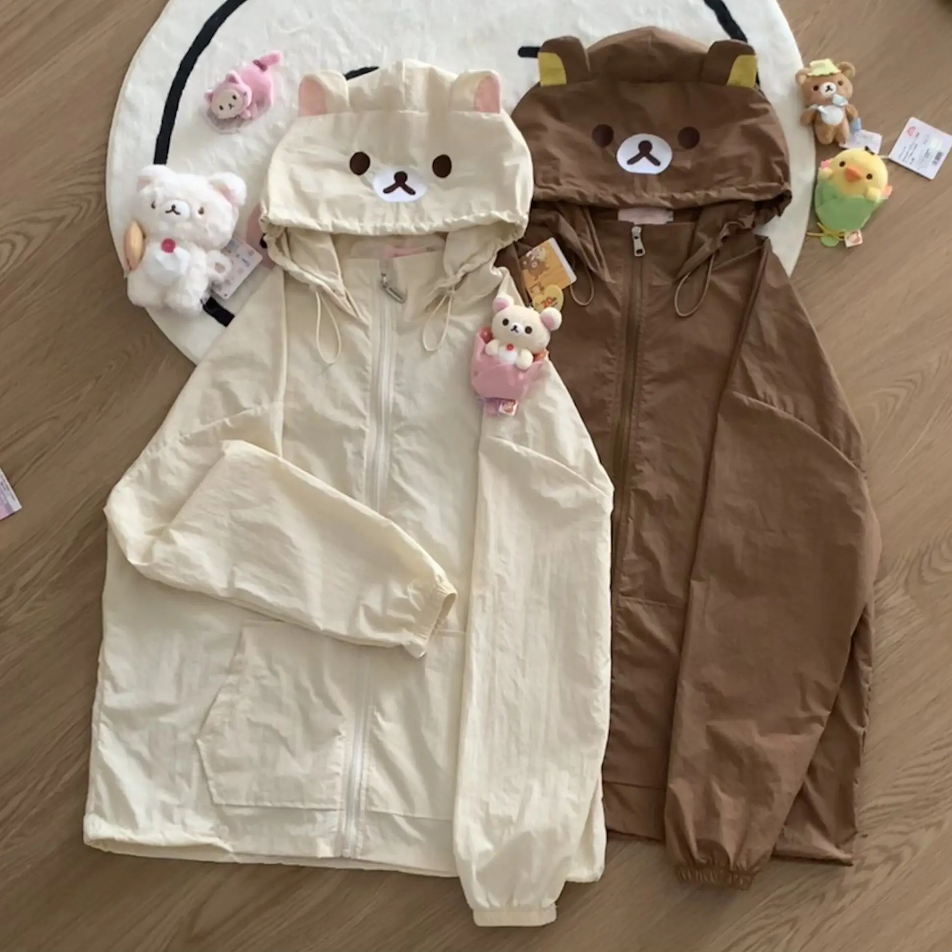 Lindo cortavientos con capucha y orejas de oso Rilakkuma 3D, abrigo con cremallera y cara de oso de dibujos animados, ropa exterior informal ligera y holgada para uso diario