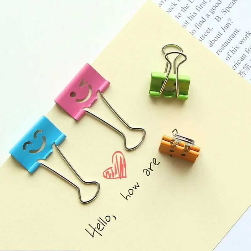 Cute Smile Face Metal Binder Clip, Clipes de papel colorido, Grande e Pequeno Clipe Decorativo, Organizador de arquivos, Escritório e Material