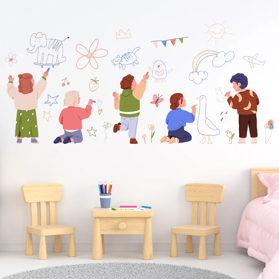 Cartoon Childlike Graffiti Wall Stickers Elephant Flower Sun Rainbow Plane Sketch Decals for Studio Classroom Kids Room Decor