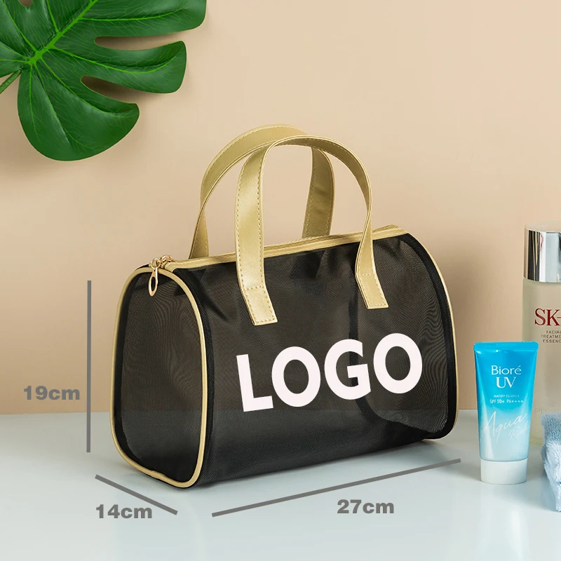 2022 Customized logo black mesh women\'s cosmetic bag Beach travel cosmetics bath supplies storage bag