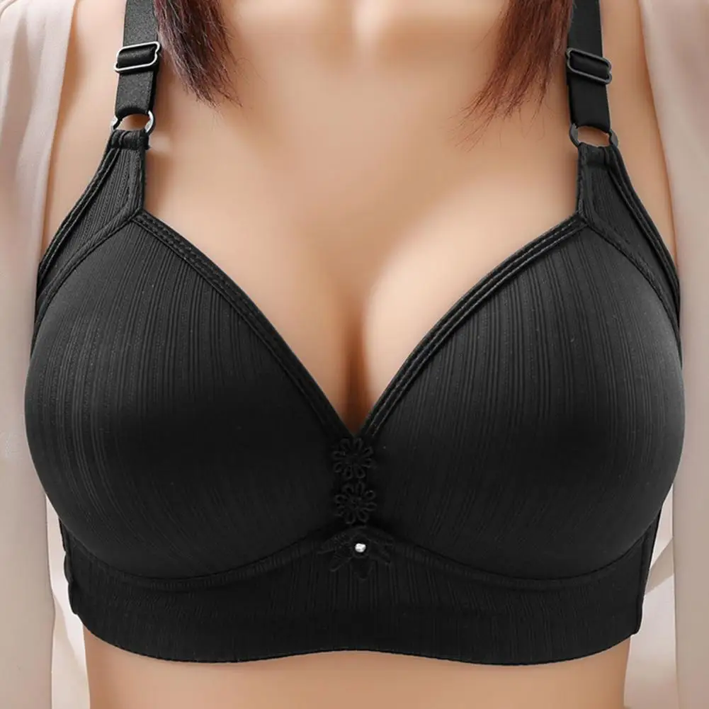 Women Bra Solid Color Push Up Anti-snagging Wireless Padded Brassiere Adjustable Strap Striped Texture Breast Support Brassiere