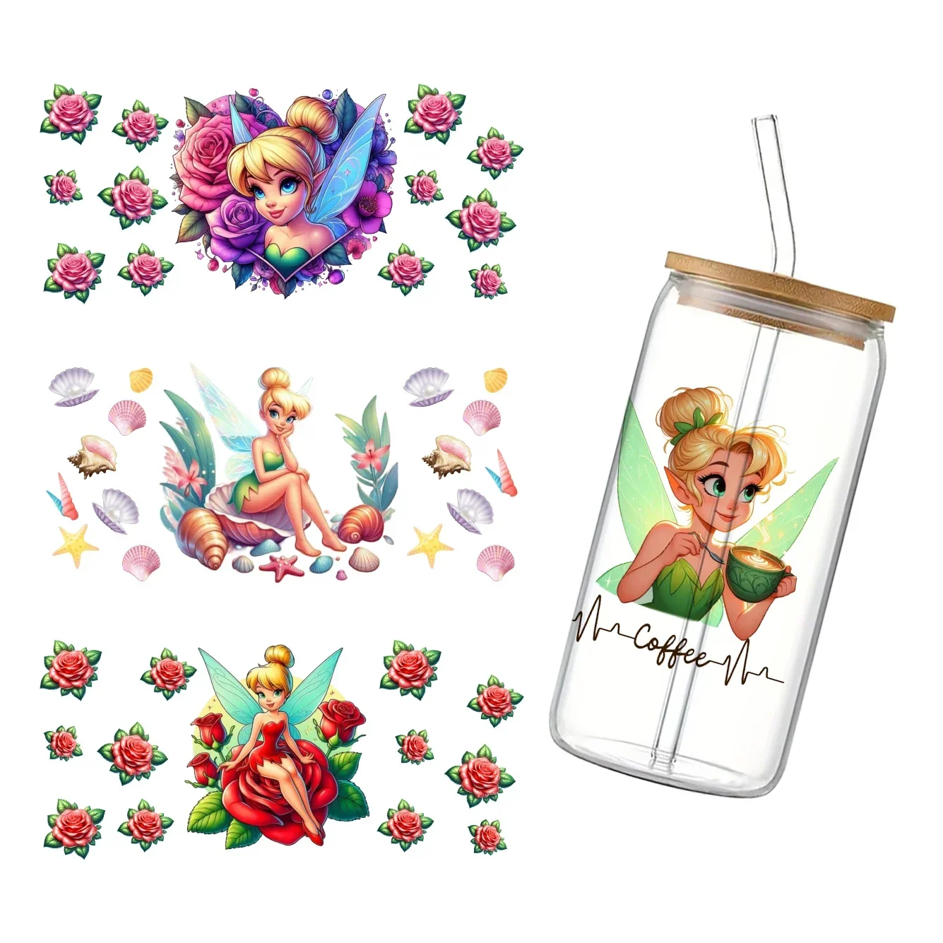 Disney princesa tinker bell 11x24cm uv dtf envolve adesivo de transferência diy para copo de vidro de 16oz decalques à prova dwaterproof água adesivo de copo de café