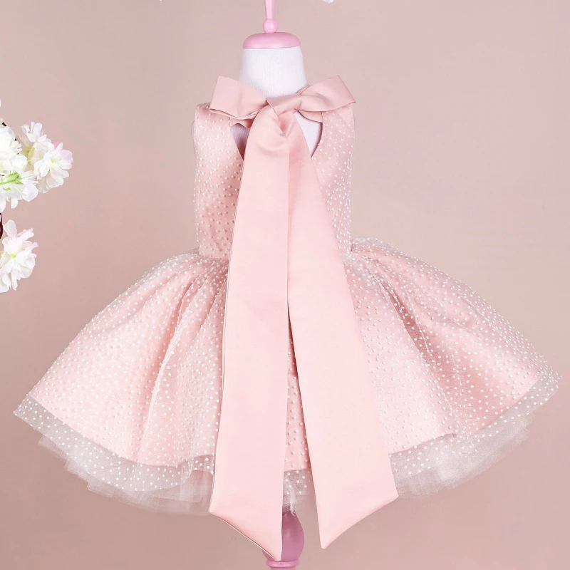 Pink Flower Girl Dresses Satin Polka Dot Skirt With Bow Sleeveless For Wedding Birthday Party Banquet Princess Gowns