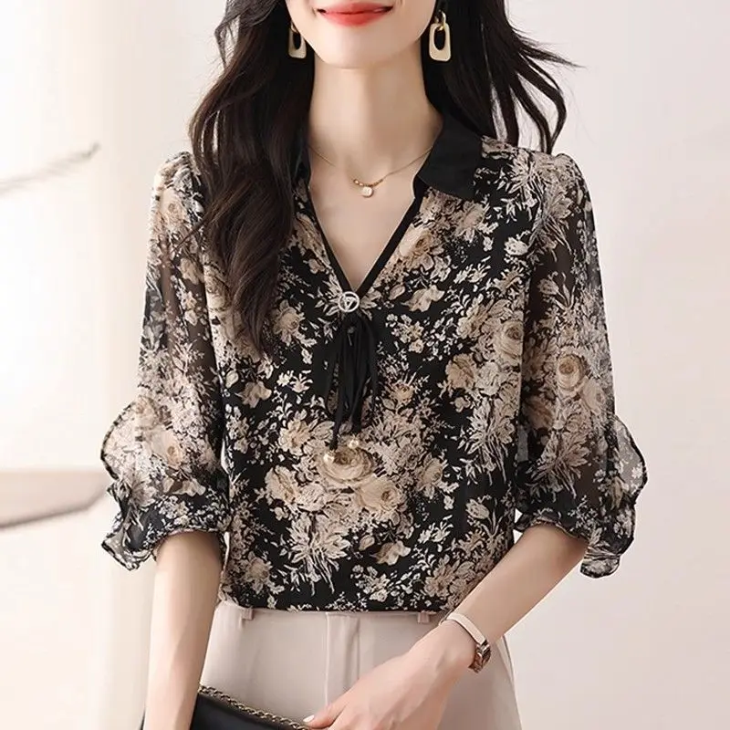 

French Floral Chiffon Blouse Early Autumn Elegant Versatile Top