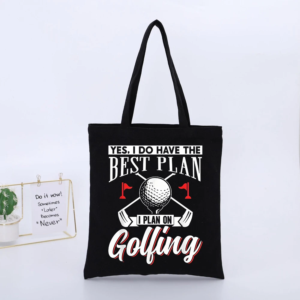 Golf-Themed Black Canvas Tote Bag with Typography Print, Casual Style for Daily Outings and Weekend Use