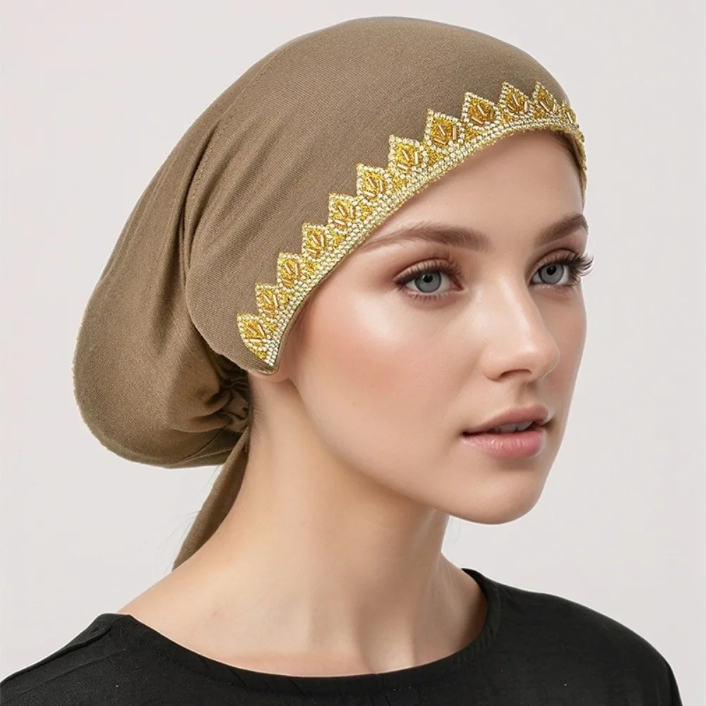 

Soft Stretch Inner Hijabs Elasticity Tie Back Hot Stamping Prayer Cap Plain Leaf Shiny Golden Rhinestone Turban
