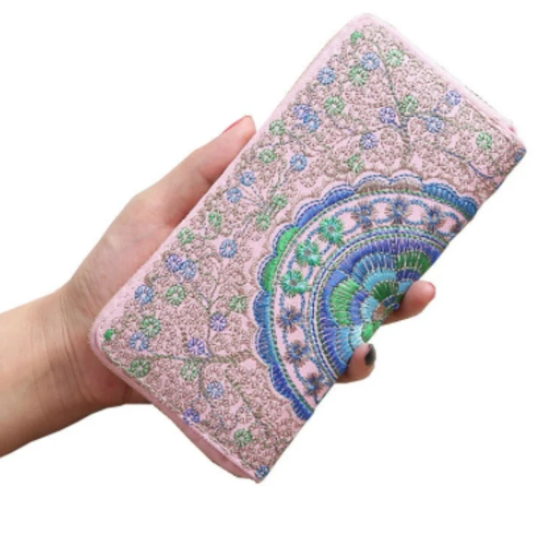 Ethnic Embroidery Flower Zipper Clutch Wallet Handbag Women Long Purse Bank Card Coin Pocket Credit Card Holder Cover Bag