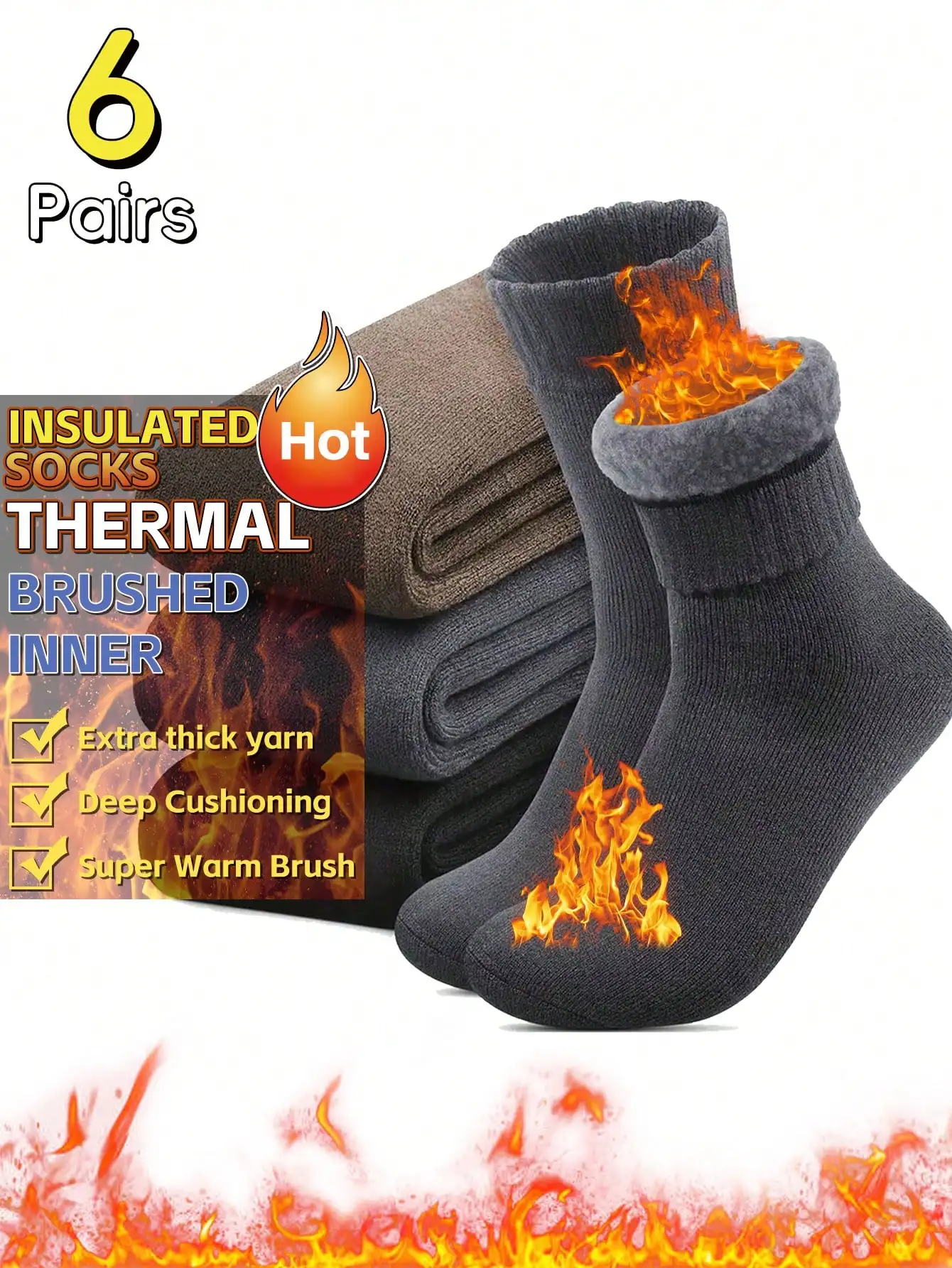 

6 Pairs Black Men's Fleece-Lined Socks: Winter Warm Thick for Hiking Boots, Soft & Comfortable