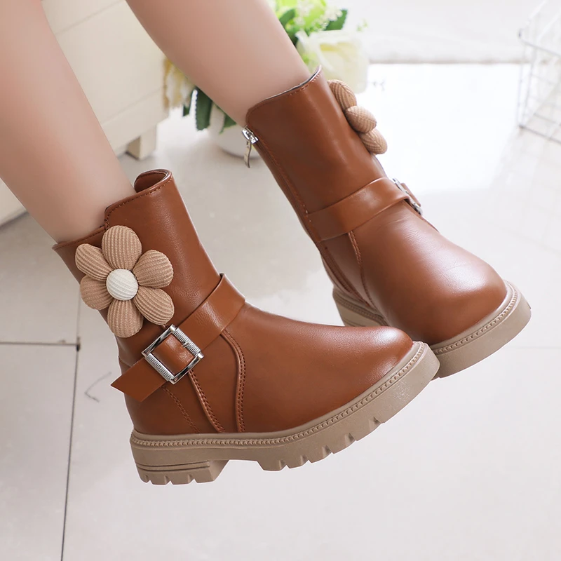 Sweet Princess Boots Flowers Cute Buckle Fashion Kids Shoes Side Zipper Children Casual Shoes PU 2023 New Brown Beige Elegant