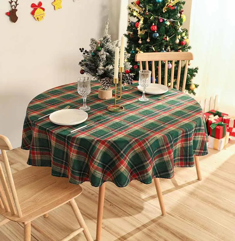 Christmas Round Tablecloth Buffalo Plaid Cotton Table Cloth Xmas Winter Washable Table Cover for Holiday Party Dining Decortion