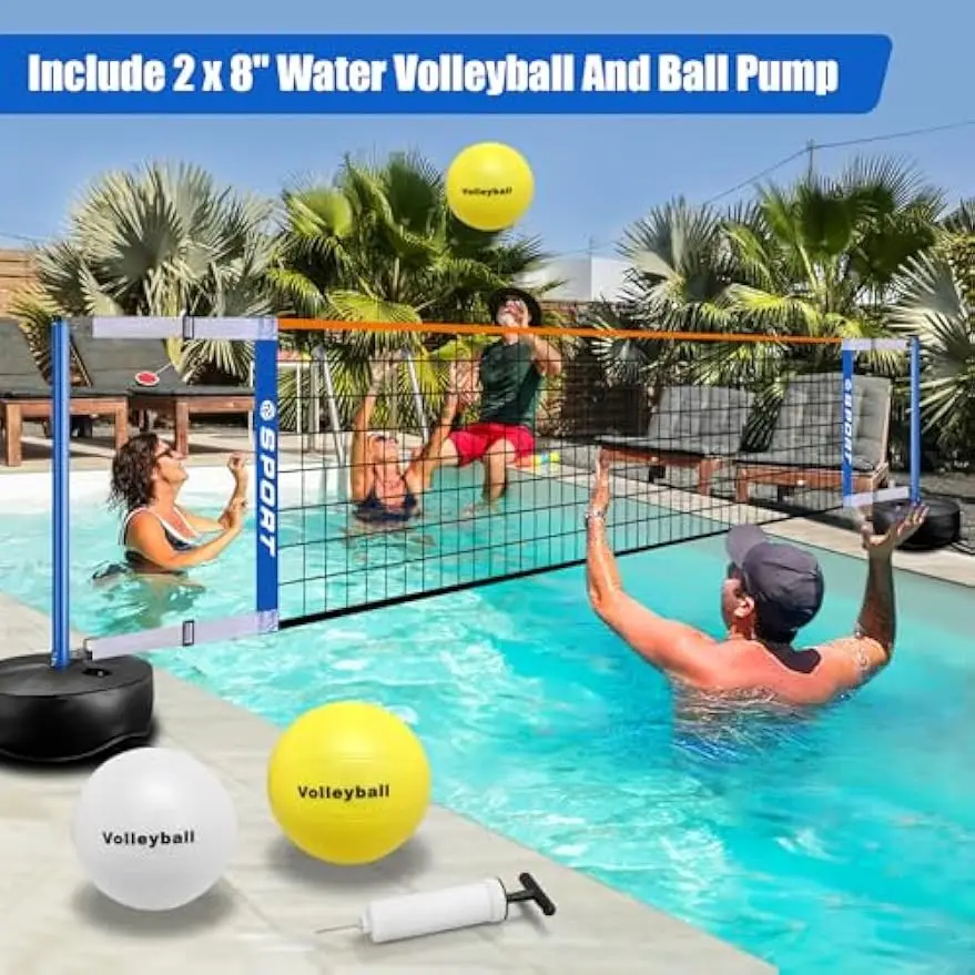 Portable Pool Volleyball Net System with Adjustable Length, Water-Filled Bases, and 2 Balls for Indoor/Outdoor Fun