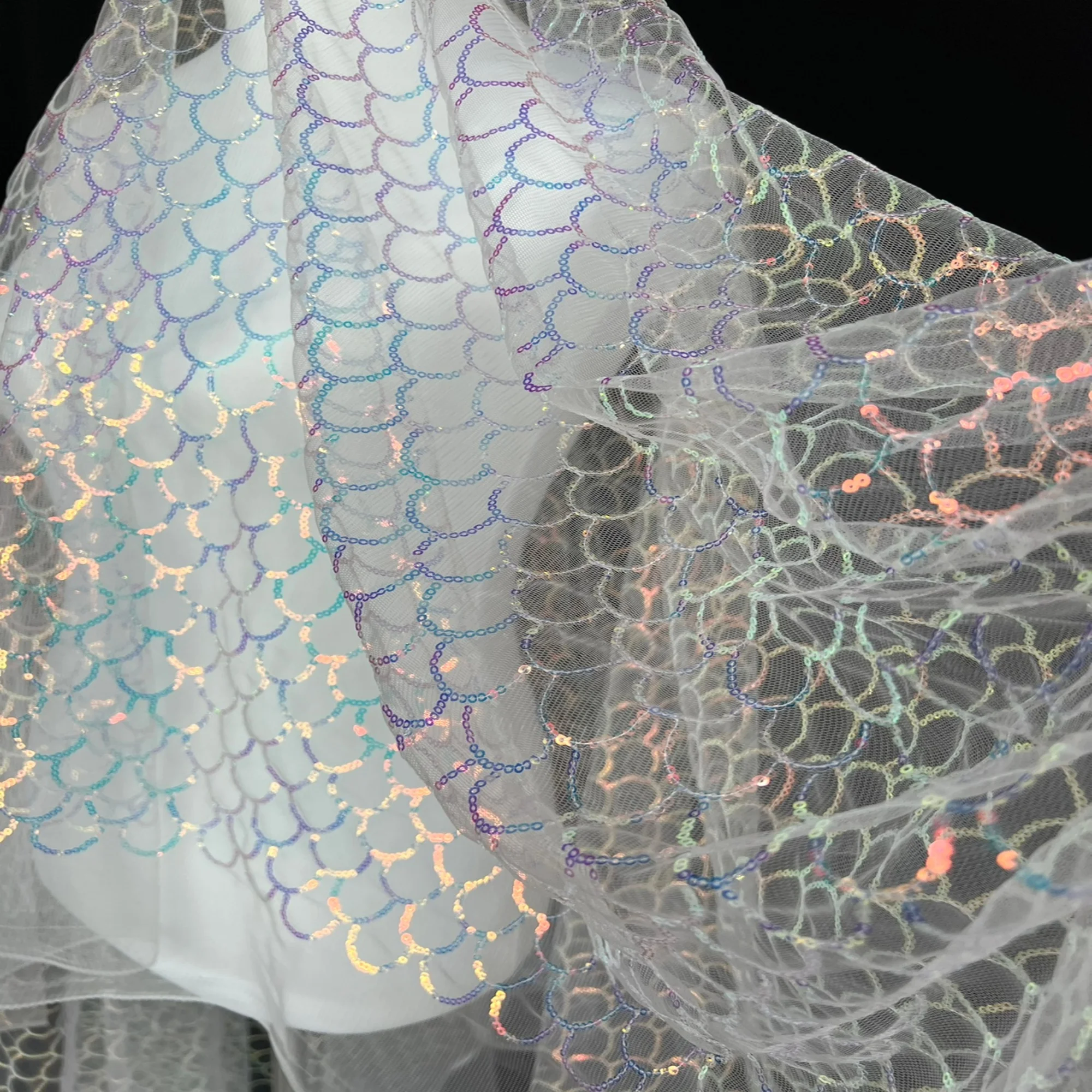 

0.5 meter Mermaid Scale Sequin Tulle Fabric | Soft Iridescent Shimmering Embroidered Netting | Transparent DIY Designer Material