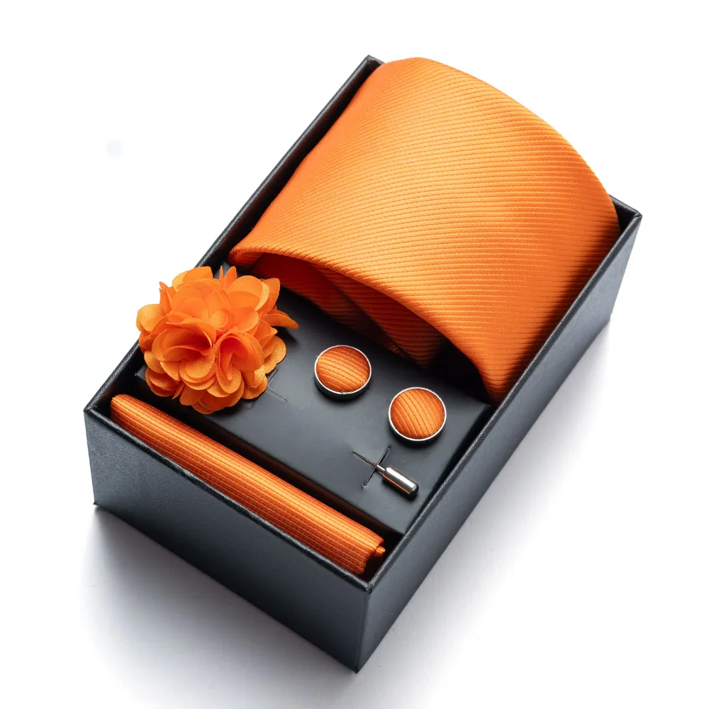 4-teiliges Set – einfarbige Herrenkrawatte, Einstecktuch, Manschettenknöpfe und Ansteckblume, hochwertige Geschenkbox, stilvoll und praktisch, El – Detail 2