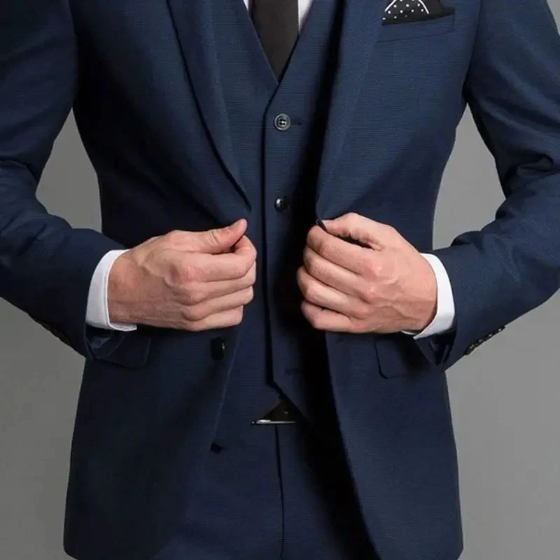 STEVDITG Navy Blue Suits Men Blazer Regular Length Flat Single Breasted Notch Lapel Formal BUsiness 3 Piece Jakcet Pants Vest