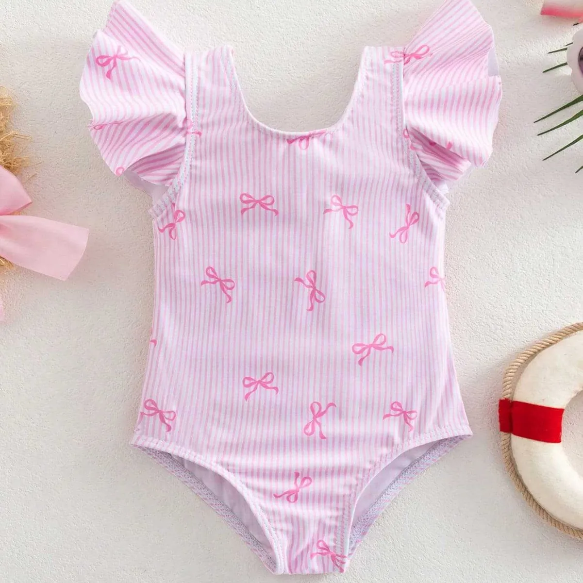2026Girls Striped Bow One Piece Swimsuit Ruffle Shoulder Kids Swimwear