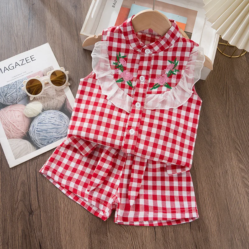 

2026 Summer Hot Selling Children's Cotton Plaid Patchwork Lace Mesh Top and Shorts Two-piece Set