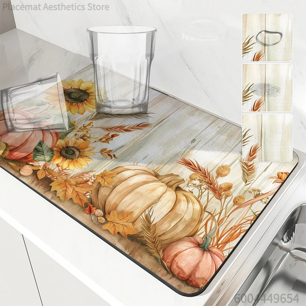 Coffee Mat Watercolor Pumpkin Absorbent Draining Dish Drying Mat Dry Bathroom Tableware Hide Stain Rubber Backed Absorbent Mat