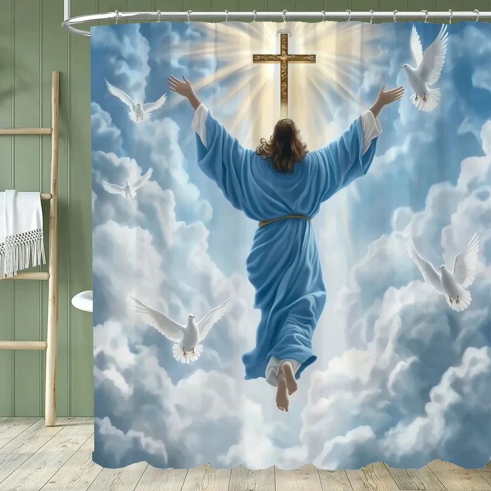 1pc Angel of Jesus Christ Print Shower Curtain Partition Privacy Hanging Bathroom Curtain with Hooks ,Home Decoration Curtain