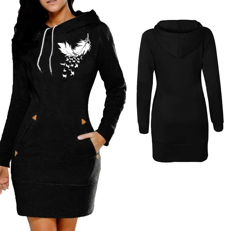 New Autumn Feather Printing Women Long Sleeve Pocket Bodycon Hooded Sweatshirt Casual Hoodies Dress  Zipper Sweatdress