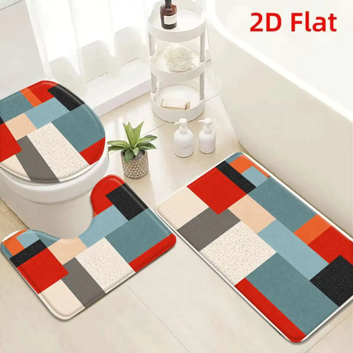 

3Pcs Red Blue Gray Beige Geometric Bath Mat Non Slip Absorbent Toilet Rug with Lid Cover for Bathroom Washable Flannel Base