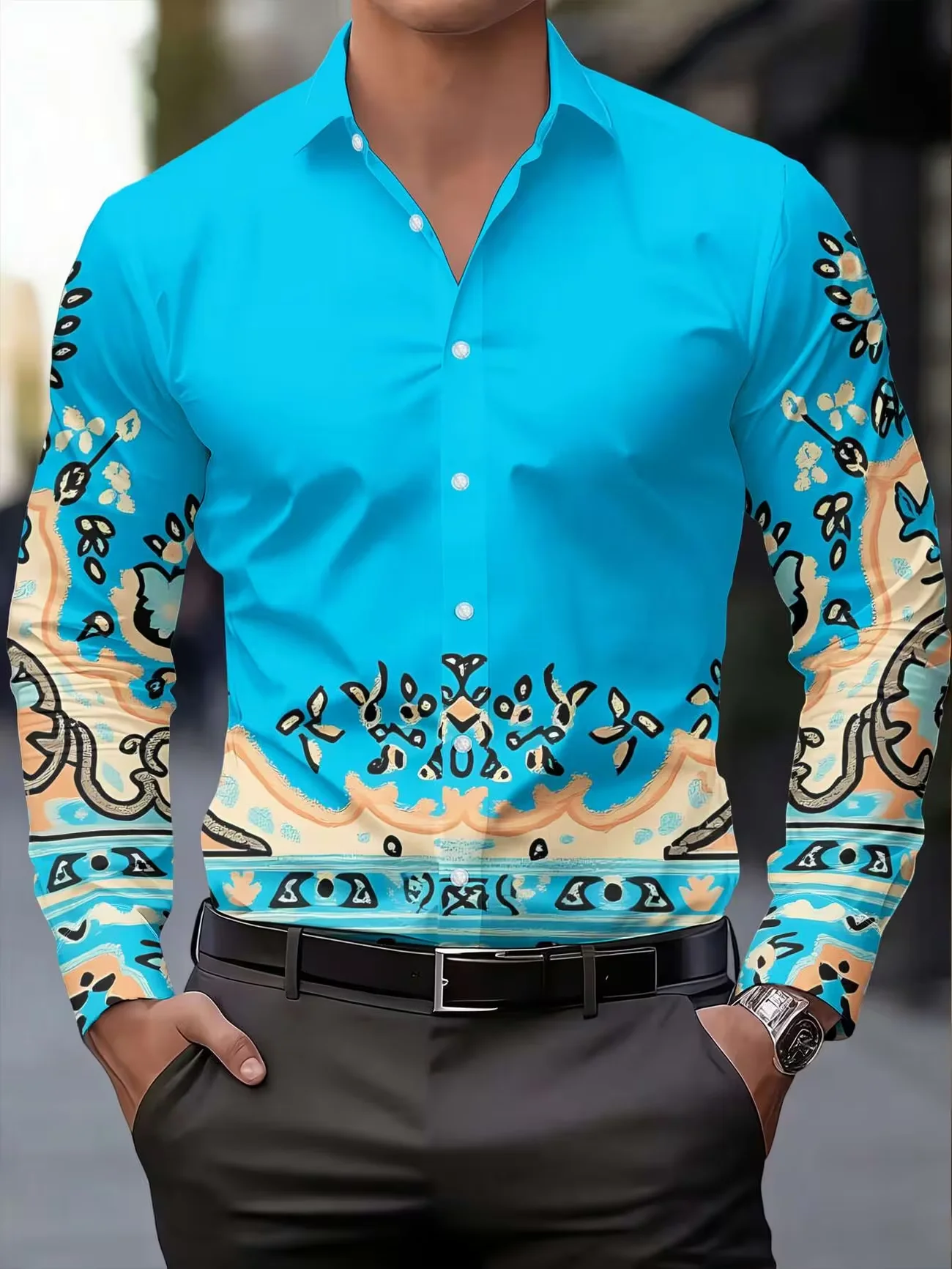 New lake blue ethnic style paisley print men's long sleeved shirt for vacation style casual versatile shirt clothing