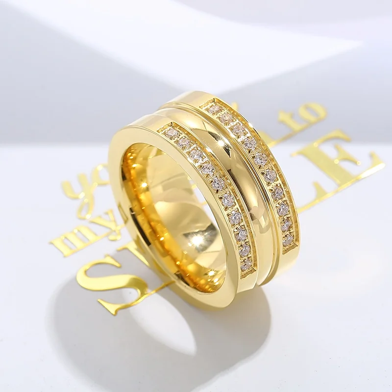 Gold Color Stanless Steel Large Rings For Women Girl French Light Luxury Double Layer Shiny Zircon Chunky Rings Fashion Jewelry