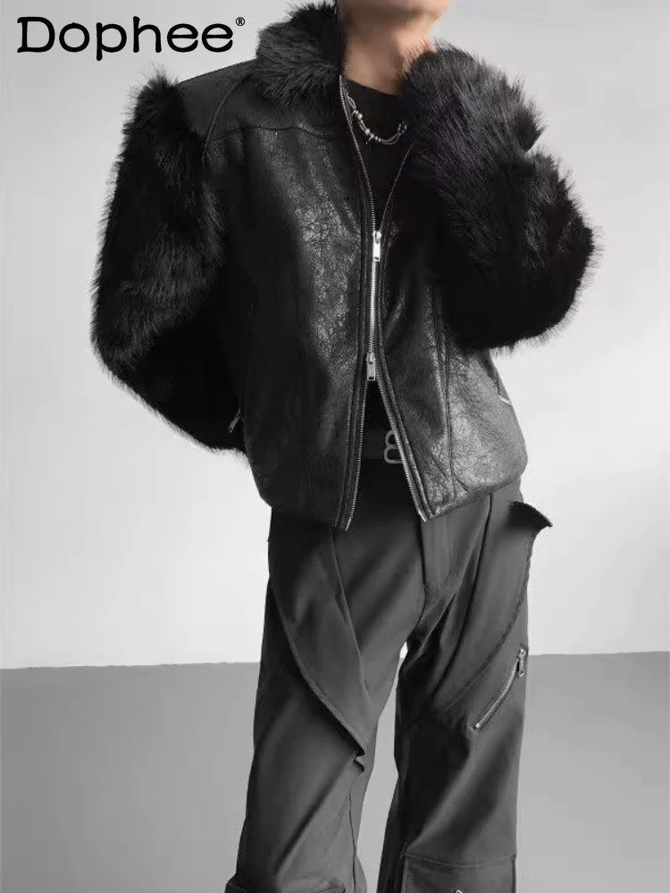 

2025 Men's Autumn Winter New Faux Leather Jackets Faux Fur Splicing Thickened Parkas Retro Warm Fashion Long Sleeve Chic Parkas