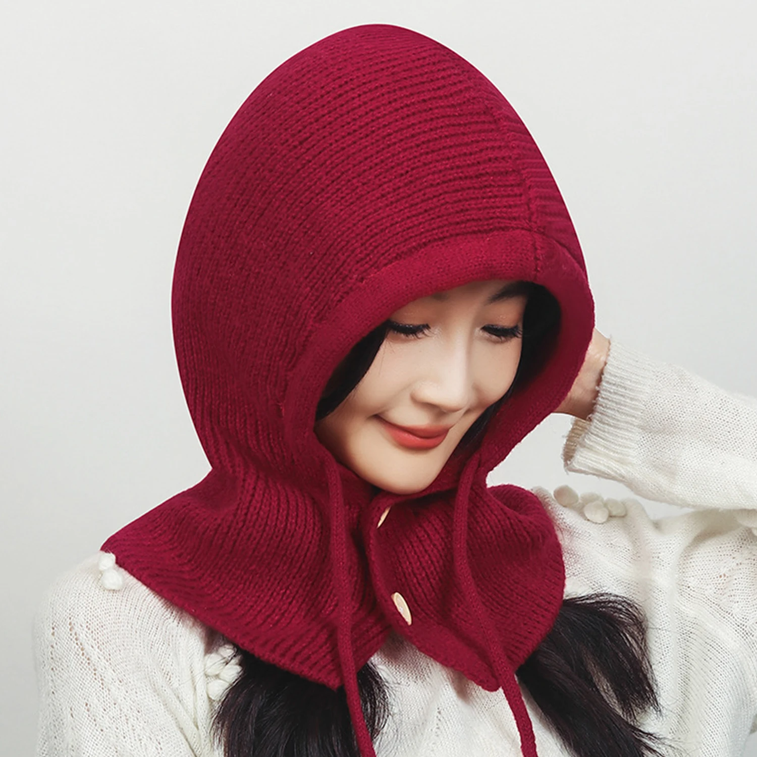 Women Windproof Hooded Scarf Hats Unisex Skullies Knitted Pullover Scarf Caps Drawstring Winter Warm Hat Beanie Neck Collar