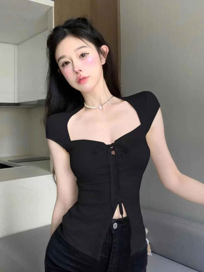 

Футболка женская с коротким рукавом, короткий ассиметричный Топ с воротником на шее, на бретелях, в стиле стиля, 671A, на лето