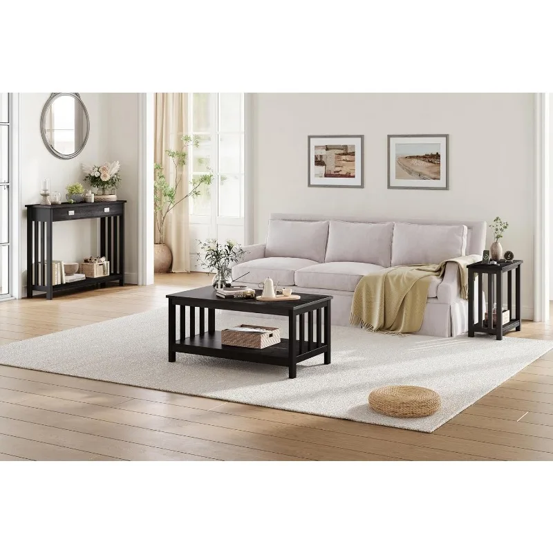 

Mission Coffee Table, Black Wood Living Room Table with Shelf, 40 Black