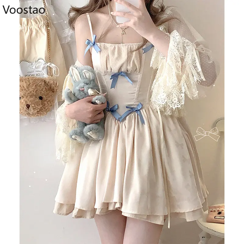 Japanese Kawaii Lolita Mini Dress Summer Women Sweet Satin Bow Sling Dress Gothic Girls Cute Y2k Sleeveless Straps Dress 2023