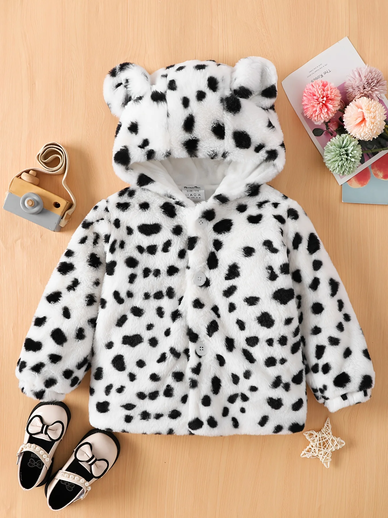 Autumn and Winter New Baby Boys and Girls Cow Black Dot Plush Plush with Ears Cute Winter Set